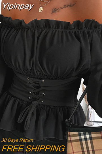 Yipinpay Shoulder Lace-up Front Ruffles Casual Blouse Plus Size Tops Spring Tops and Blouses